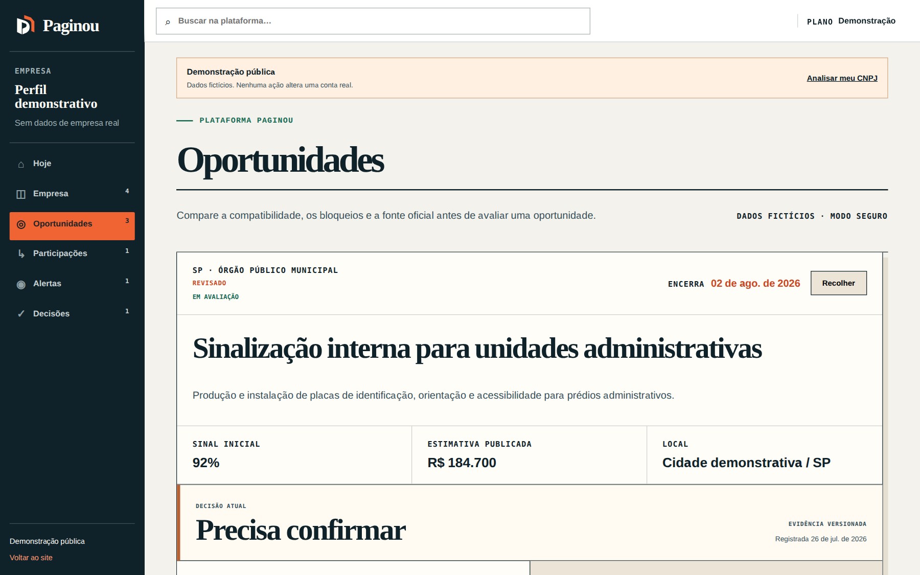 Tela demonstrativa de uma oportunidade com decisão Precisa confirmar, motivos, bloqueios, evidências e controles de decisão humana